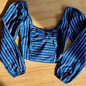 Free People Black Bubble sleeve Striped Crop Top
